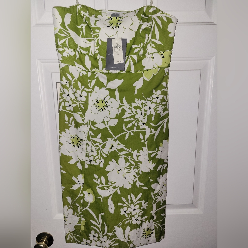 Ann Taylor green floral strapless midi silk blend dress 6 NWT